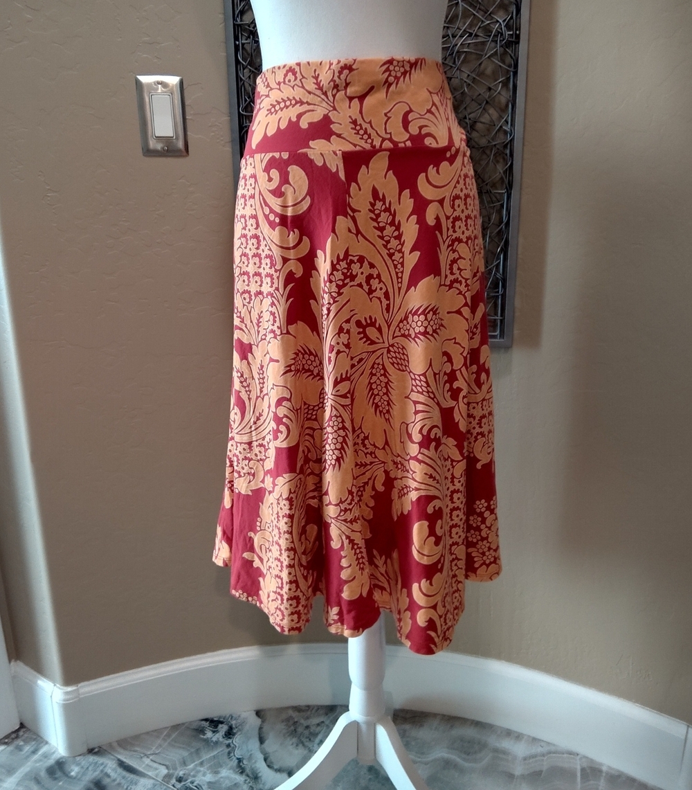 DKNY Red and Orange Floral Patterned Knit Midi Skirt